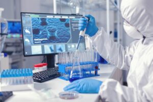 Virolog Coducting Experiment Course Coronavirus Pandemic With Micropipette Chemist Modern Laboratory Doing Research Using Dispenser Global Epidemic With Covid