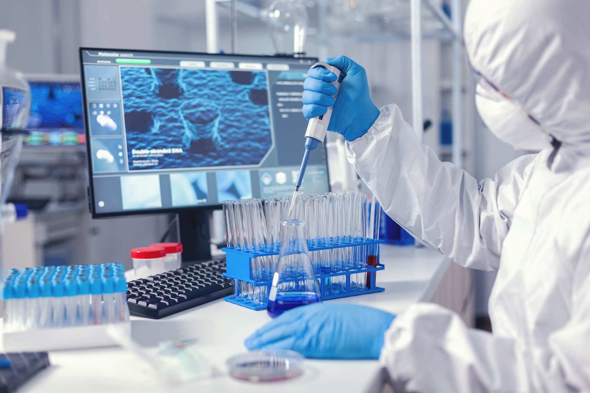 Virolog Coducting Experiment Course Coronavirus Pandemic With Micropipette Chemist Modern Laboratory Doing Research Using Dispenser Global Epidemic With Covid