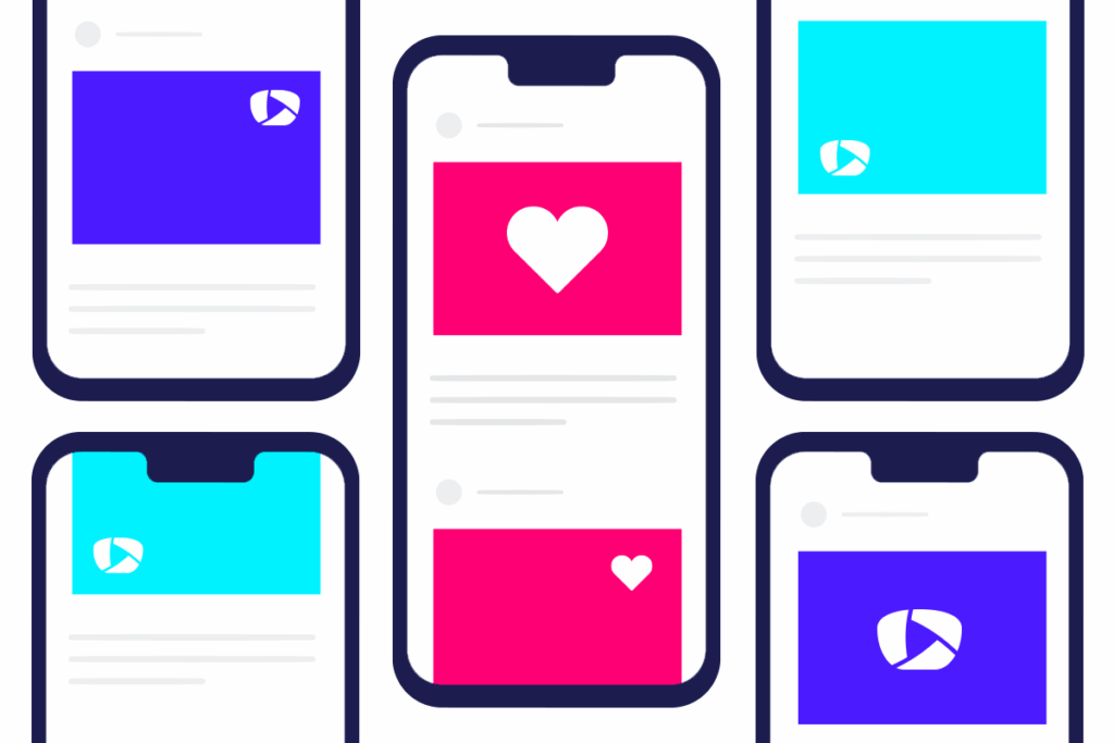 Mobile app interface design with colorful social media feed screens