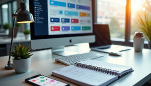 Workspace with computer showing social media dashboard, notebook, and smartphone – ideal setup for running a social media audit in 60 minutes
